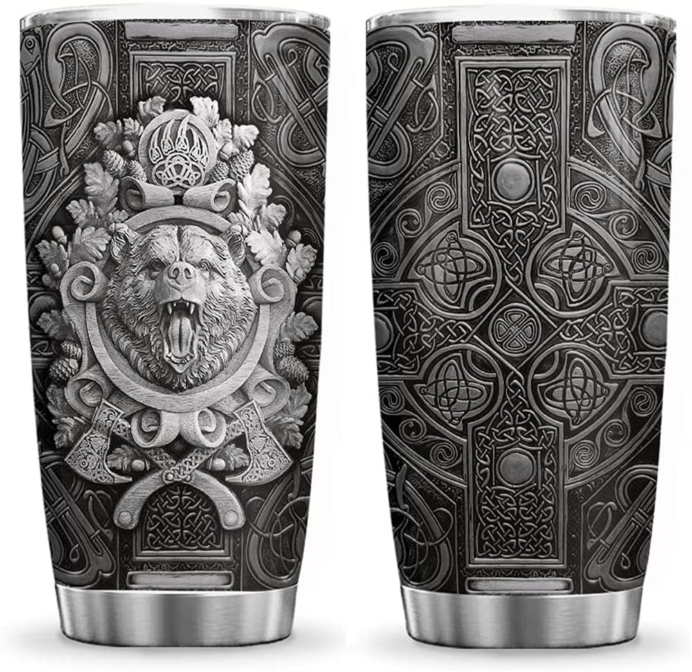 20oz Printed Viking Berserker Bear Metal Style Viking Inspiration Tumbler Cup With Lid Double Wall V