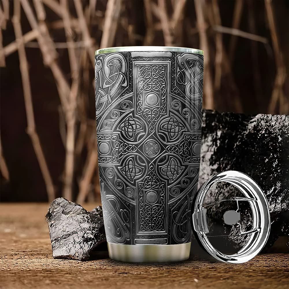 20oz Printed Viking Wolf Raven Metal Style Gift For Wolf Lovers Tumbler Cup With Lid Double Wall Vac