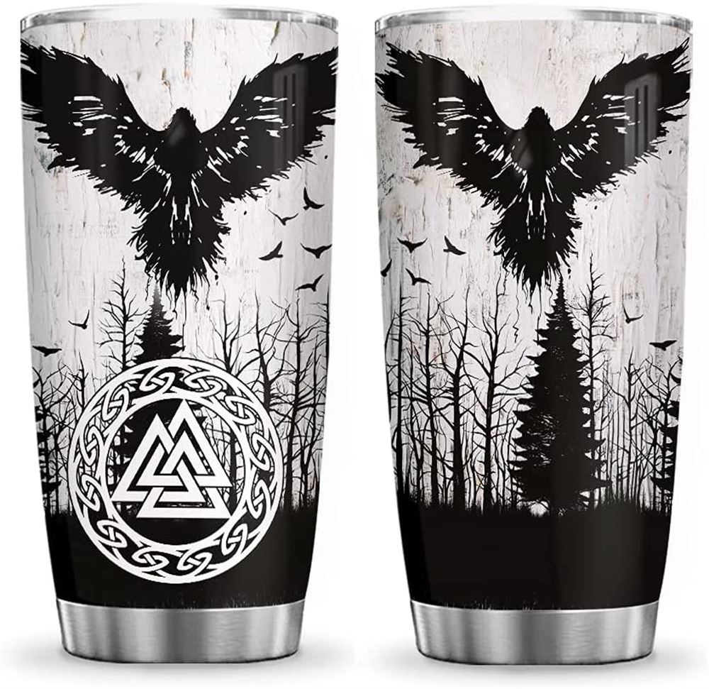 20oz Viking Raven Vegvisir Tattoo Style Viking Lovers Tumbler Cup With Lid Double Wall Vacuum Thermo