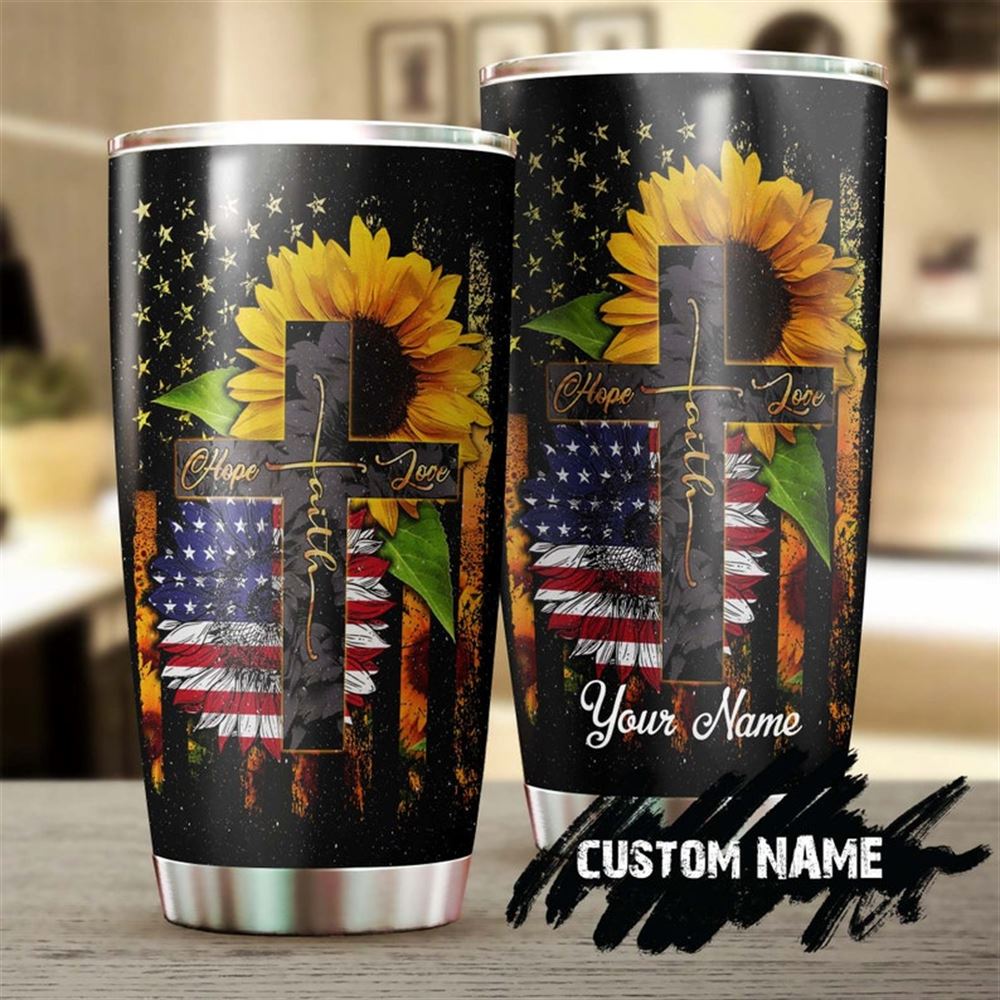 American Flag Sunflower Faith Hope Love Personalized Tumbler-birthday Christmas Gift For Jesus Catho