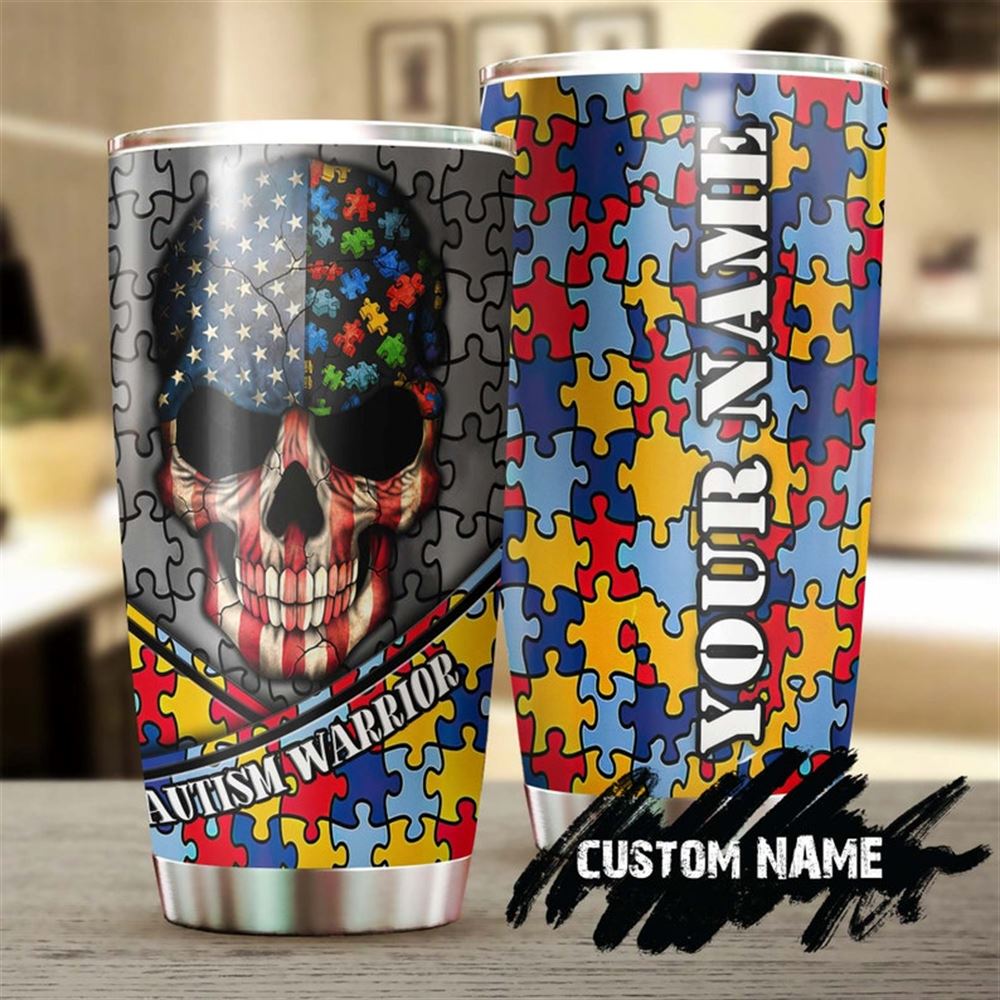 Autism Warrior Metal Style Skull Personalized Steel Tumbler- Autism Tumbler - Autism Gift - Gift For