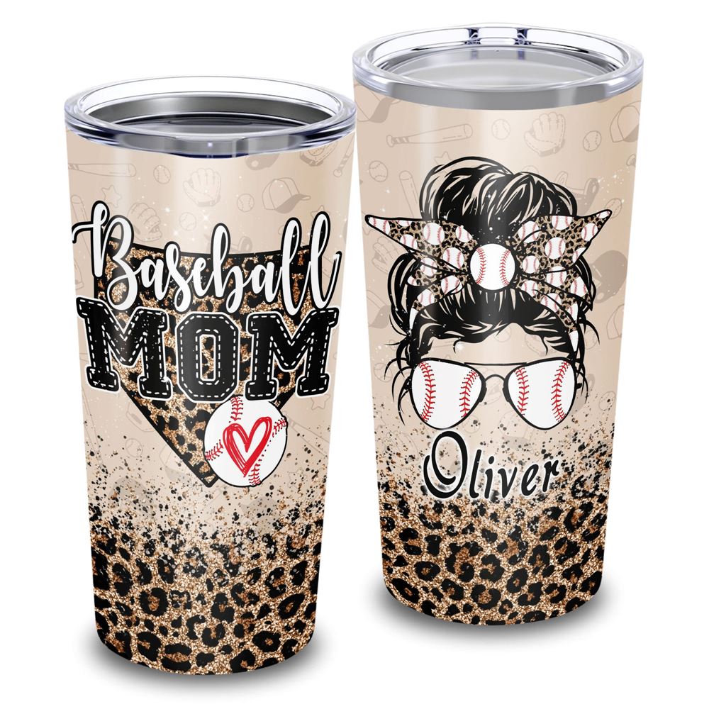 Baseball Mom Leopard Pattern Custom Name 20oz Tumbler