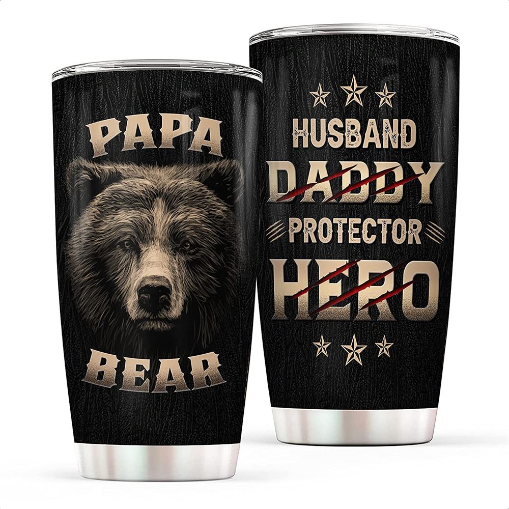 Gift For Dad - 20oz Papa Bear Stainless Steel Tumbler Cup With Lid - Worlds Best Dad Gifts From Daug