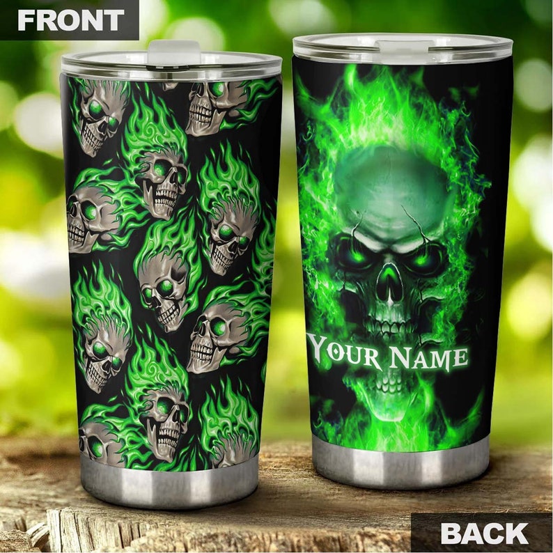 Skull On Green Fire Cool Personalized Fancy Unique Tumbler-skull Tumbler-skull Birthday Gift Christm