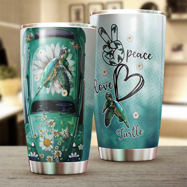 Turtle Peace Love Stainless Steel Tumbler- Turtle Present- Unique Tumbler- Birthday Gift Christmas G