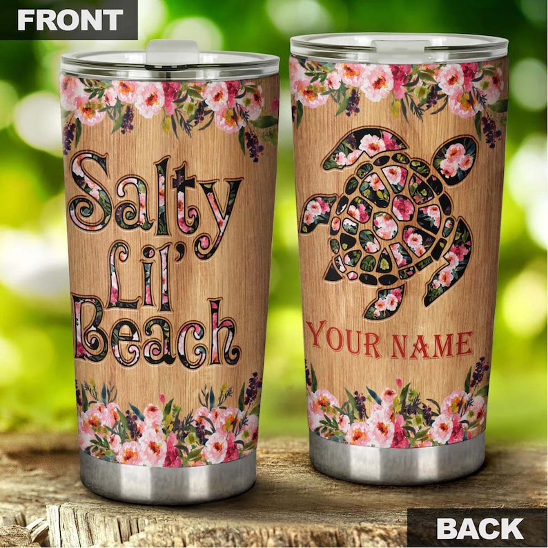 Turtle Salty Lil Beach Wood Floral Style Personalized Tumbler-unique Tumbler-birthday Christmas Gift