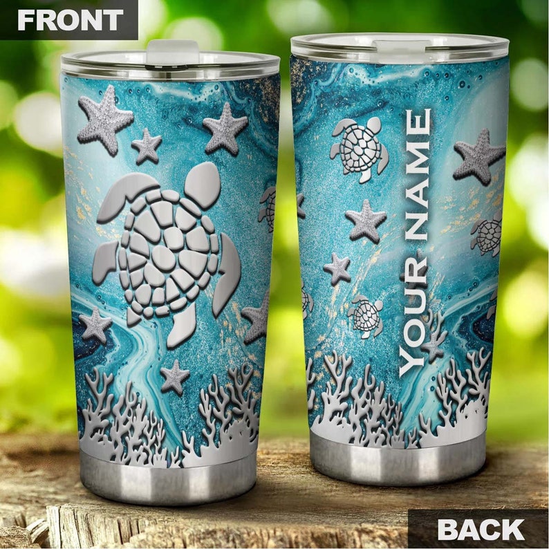 Turtle Starfish Coral Steel Style Personalized Tumbler-turtle Present-unique Tumbler-birthday Christ