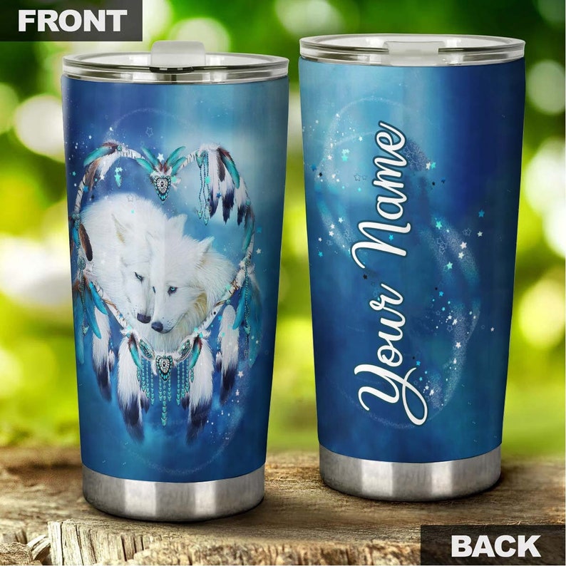 Wolf Couple Ice Heart Dreamcatcher Personalized Tumbler - Wolf Lover Tumbler- Birthday Gift - Gift F