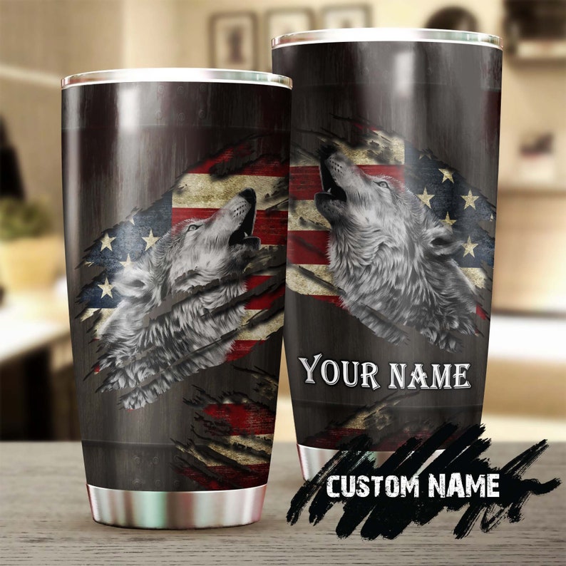 Wolf Crack American Flag Personalized Tumbler - Wolf Lover Tumbler- Birthday Gift - Gift For Her For