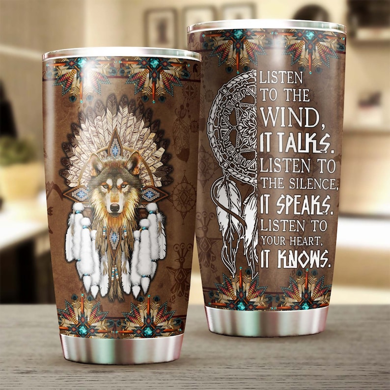 Wolf Dreamcatcher Native American Steel Tumbler - Wolf Lover Tumbler- Birthday Gift - Gift For Her F