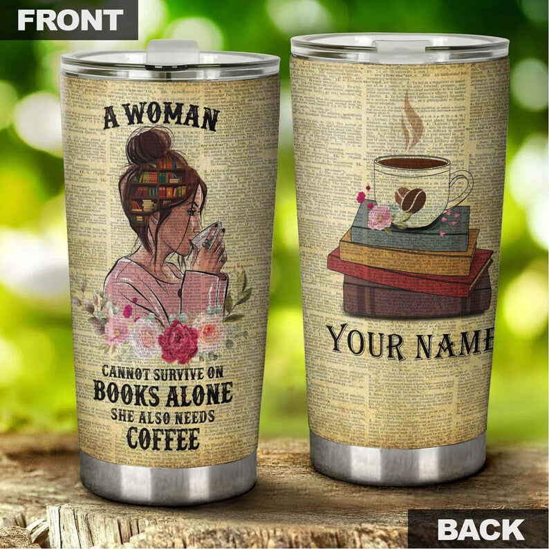 Woman Book Coffee Vintage Personalized Tumbler -reading Tumbler -book Lover Gift -bookaholic Tumbler