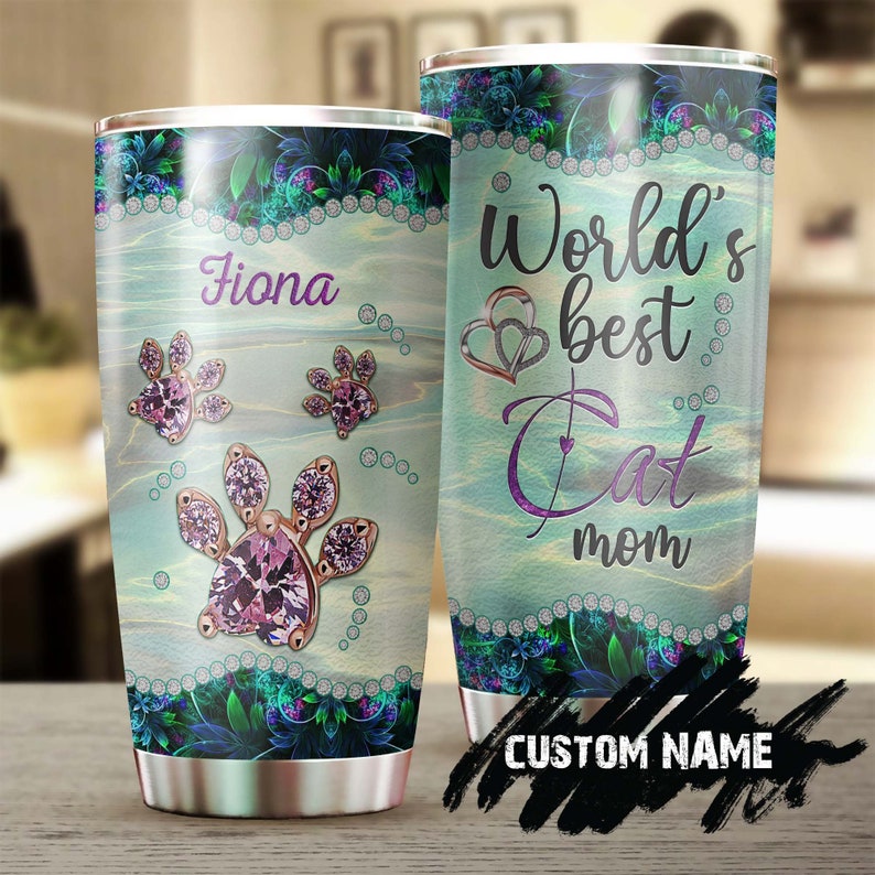 World Best Cat Mom Cat Pawjewelry Style Personalized Tumbler- Cat Gift- Cat Tumbler- Gift For Cat Mo