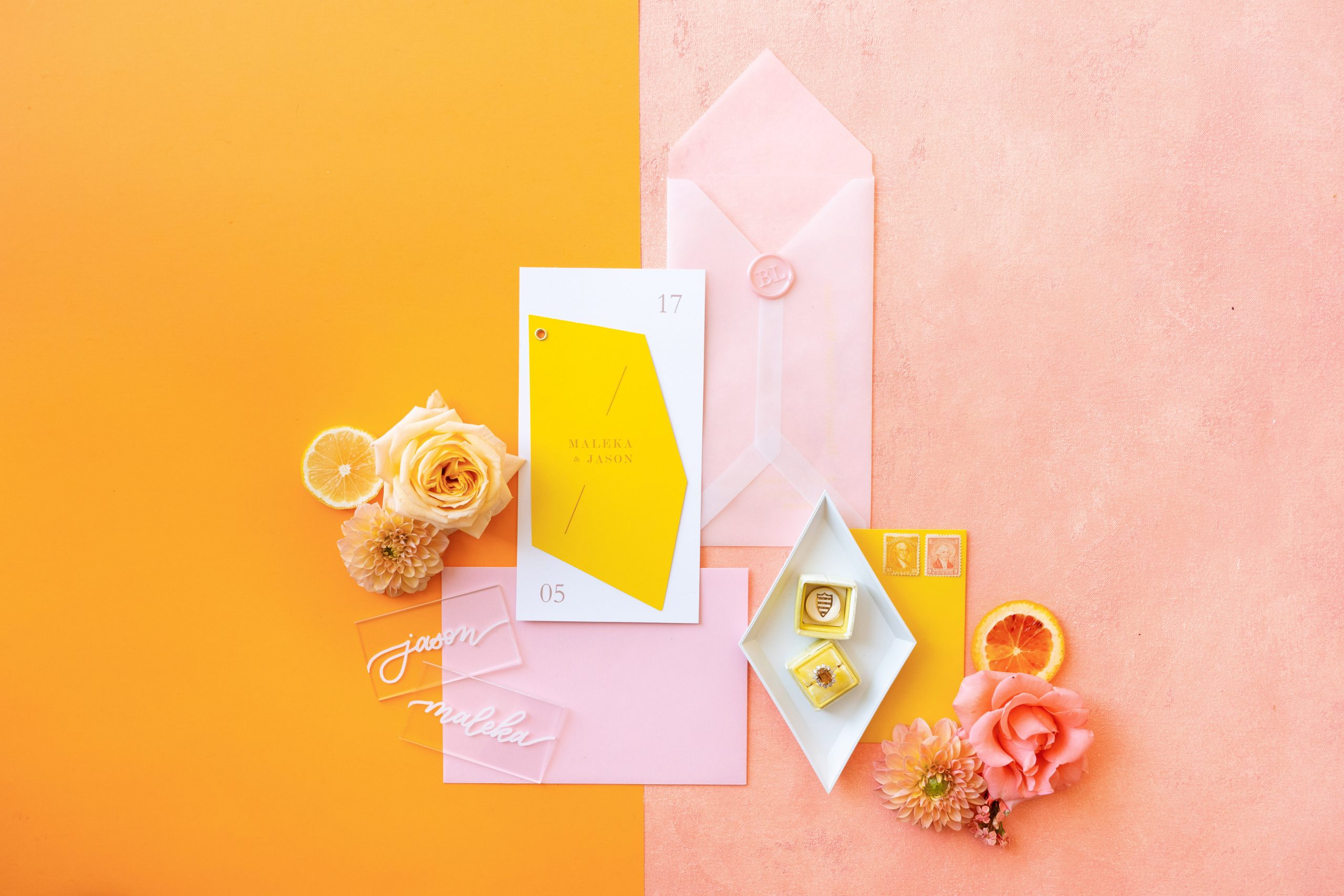 Color Block and Citrus Themed Wedding Invitations