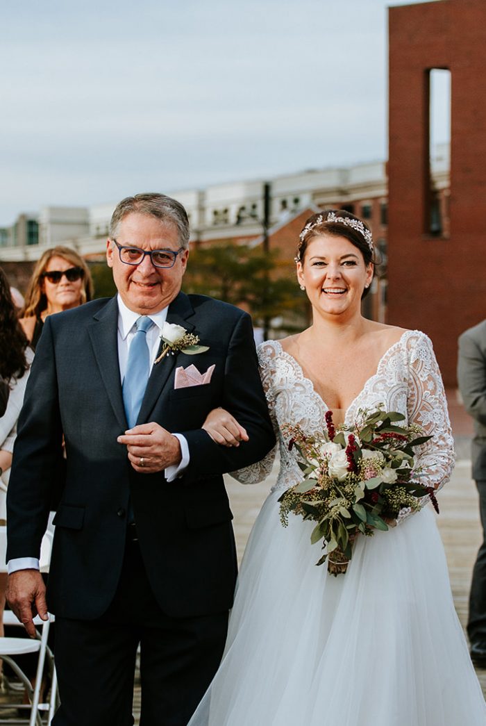 Father of the Bride Walking Bride Down the Aisle at Real Lakeside Wedding