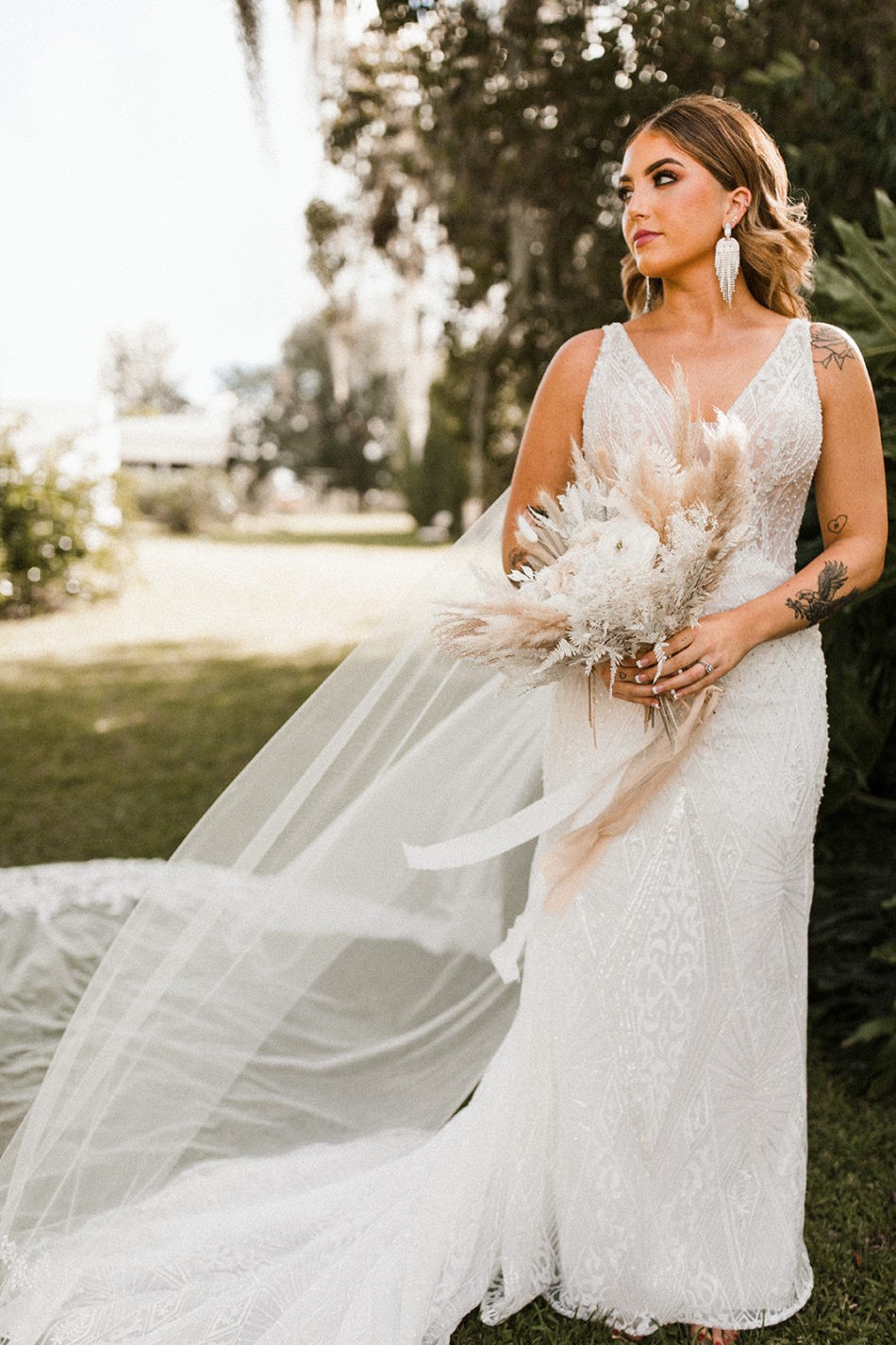 Real Bride Wearing Art Deco Sheath Wedding Dress Called Elaine by Maggie Sottero