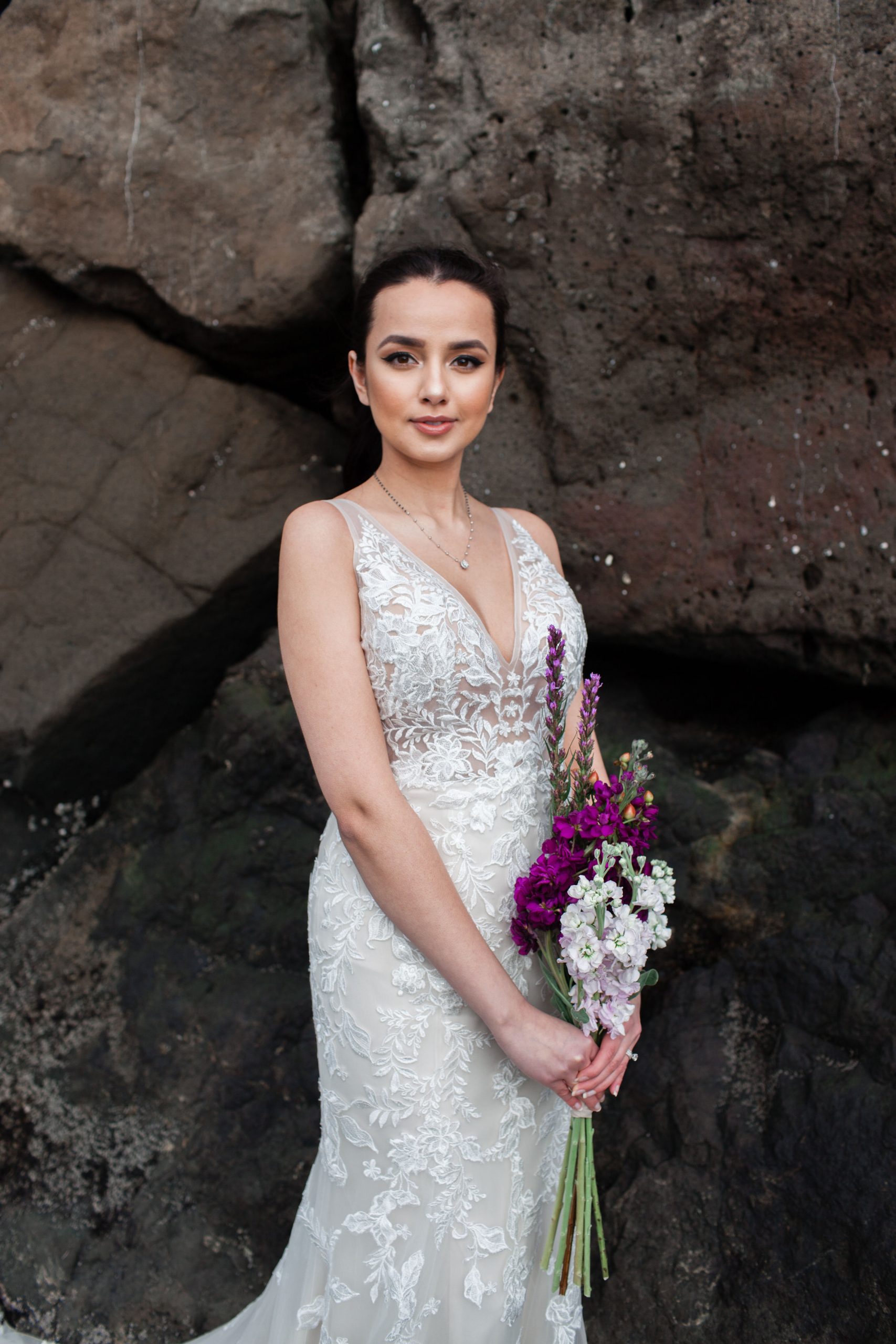Model Wearing Floral Fit-and-Flare Wedding Dress Called Greenley by Maggie Sottero