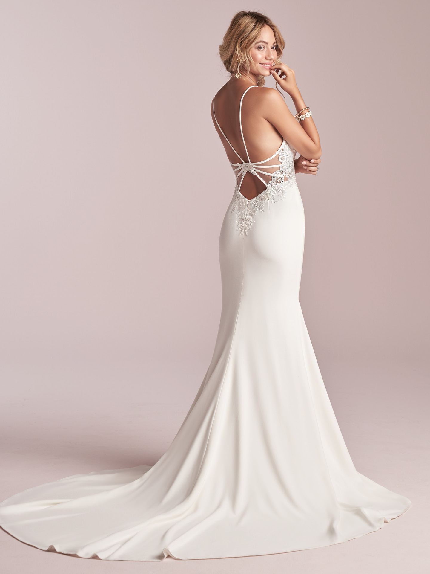 Model Wearing Open Back Wedding Dress Called Cody by Rebecca Ingram
