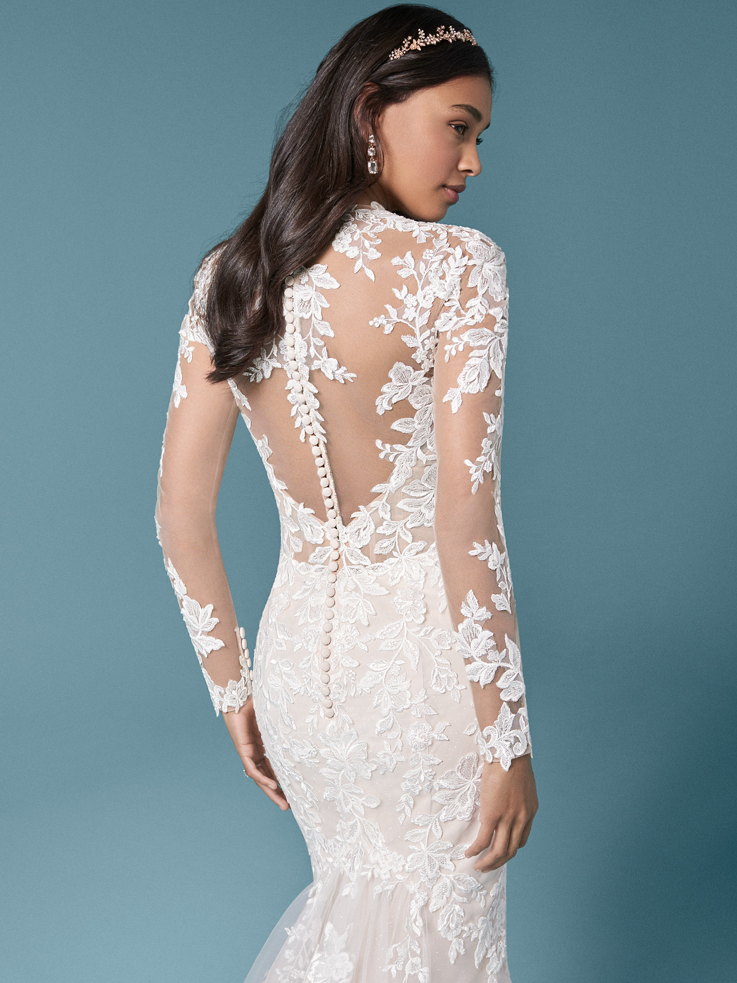Model Wearing Illusion Lace Sleeve Sheath Bridal Gown Called Francesca by Maggie Sottero