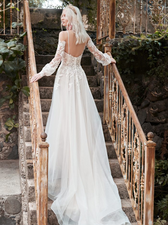 Model Wearing Destination Elopement Princess Wedding Dress Called Stevie by Maggie Sottero