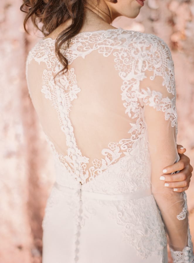 wedding dress with rose gold accents