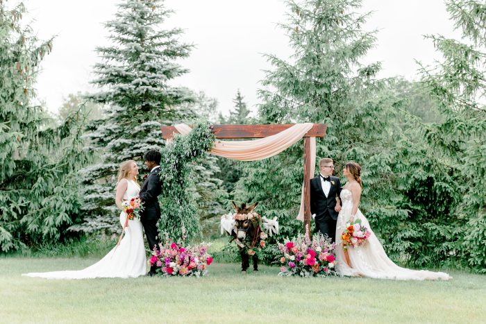 Two Couples Standing by Wedding Arch and Cute Donkey at Rustic Bohemian Wedding Styled Shoot