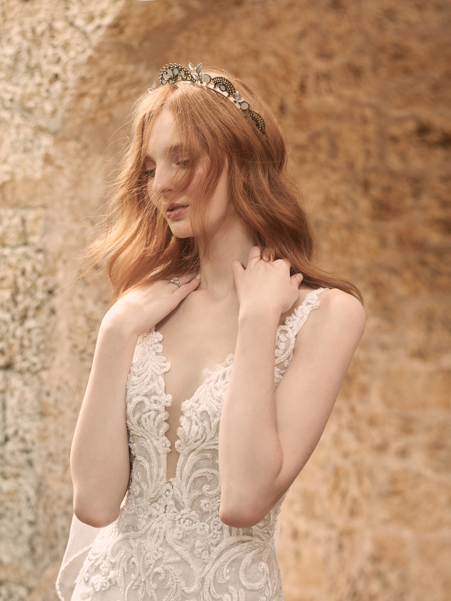 Model Wearing Sleeveless Lace A-line Wedding Dress Called Johanna by Maggie Sottero