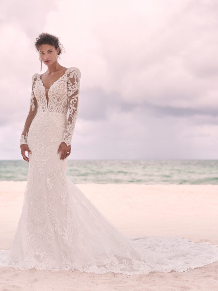 Model Wearing Elegant Lace Fit-and-Flare Wedding Dress Called Hamilton by Sottero and Midgley