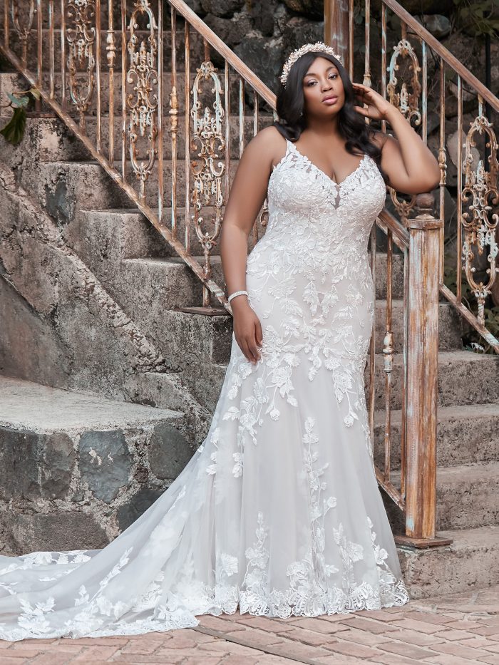 Curvy Bride Wearing Plus Size Boho Wedding Gown Called Giana Lynette by Maggie Sottero