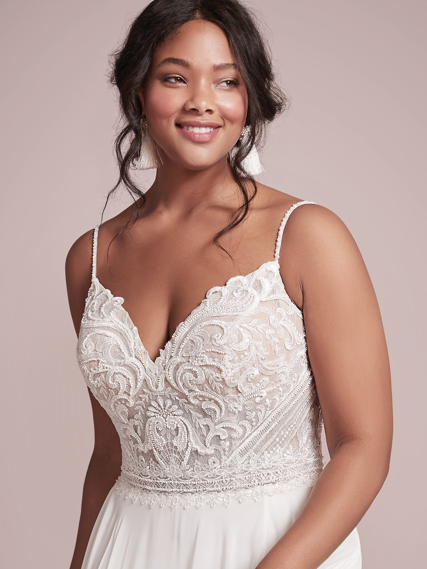 Plus Size Model Wearing Affordable Beach Wedding Dress Called Lorraine by Rebecca Ingram