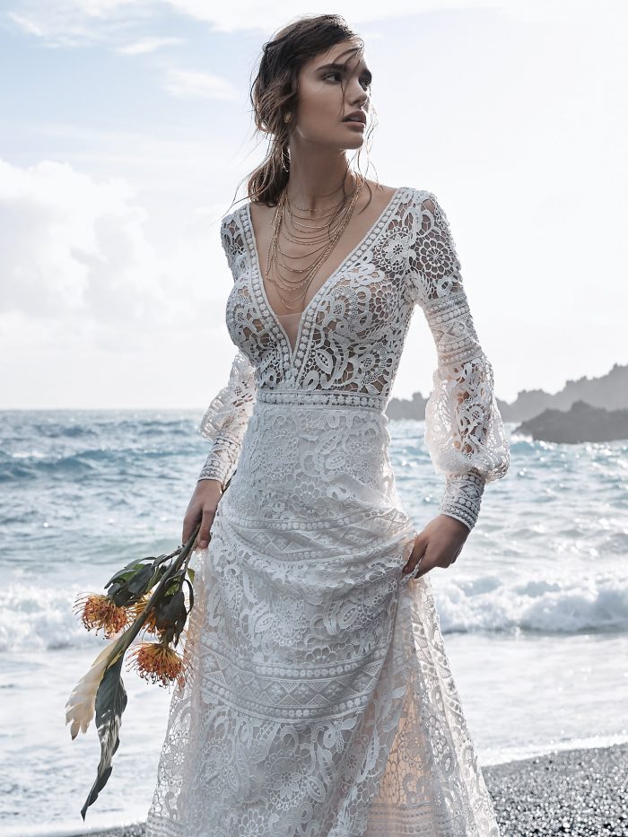 Model on Beach Wearing Destination Elopement Wedding Dress Called Finley by Sottero and Midgley