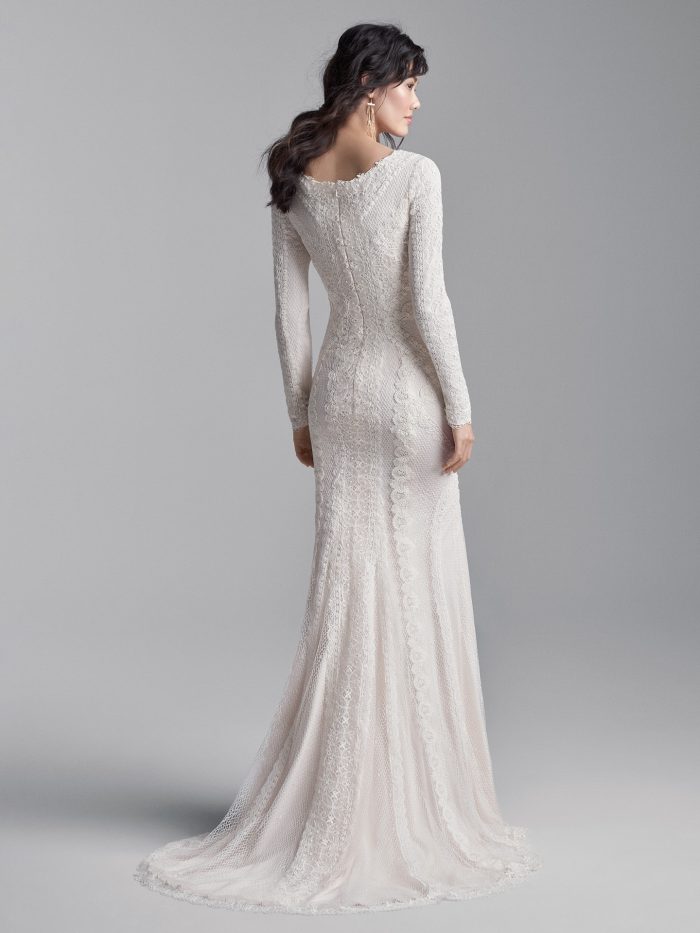 Model Wearing Lace Long Sleeve Modest Wedding Dress Called Narissa Leigh by Sottero and Midgley