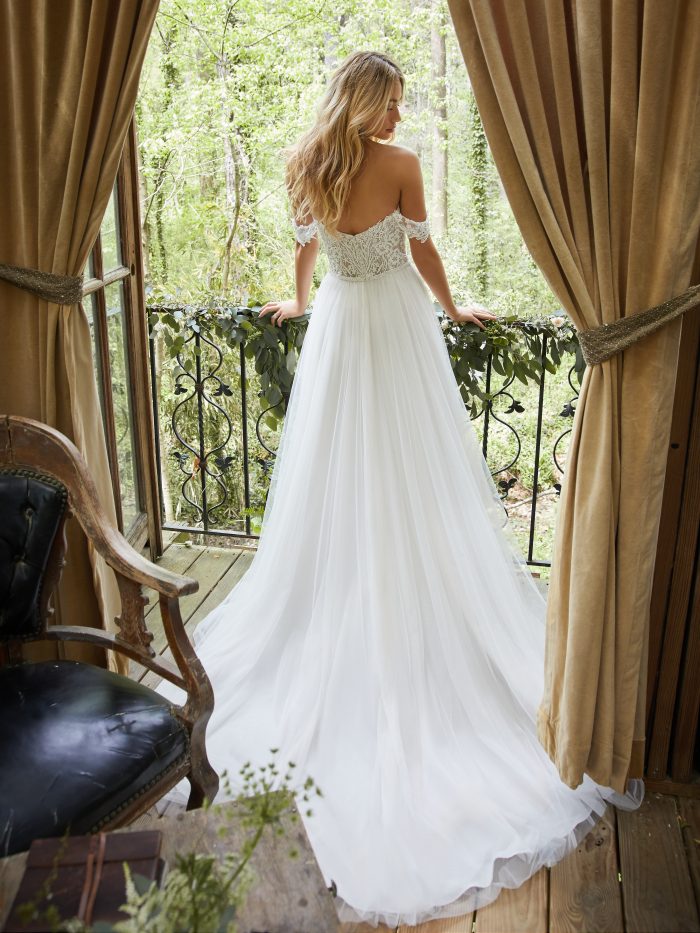Bride Wearing Off-the-Shoulder Wedding Dress Called Nia by Rebecca Ingram