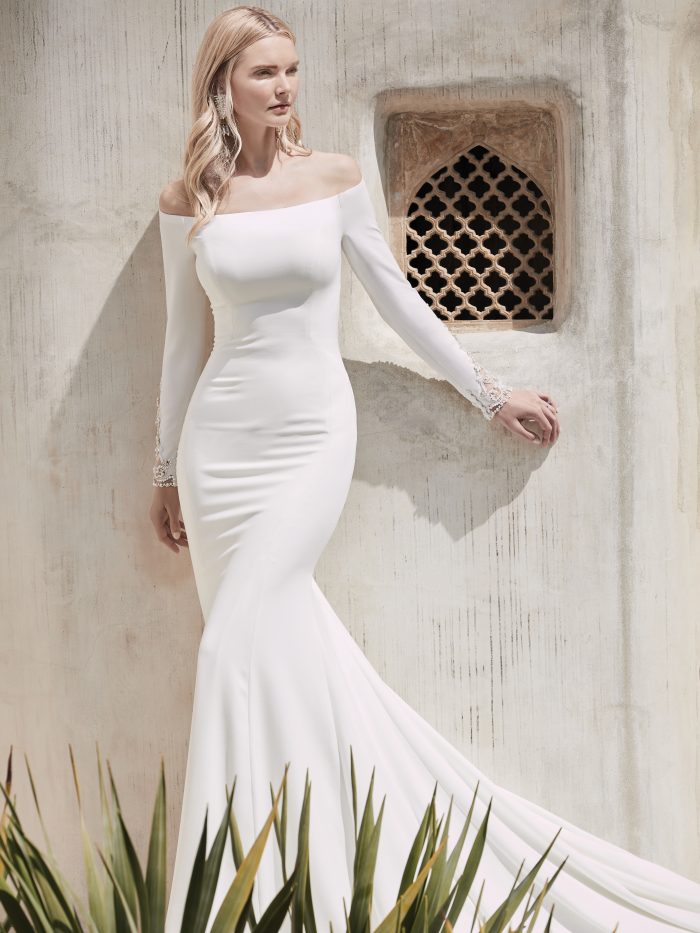 Bride Wearing Off-the-Shoulder Diamond White Wedding Dress Called Admina by Sottero and Midgley