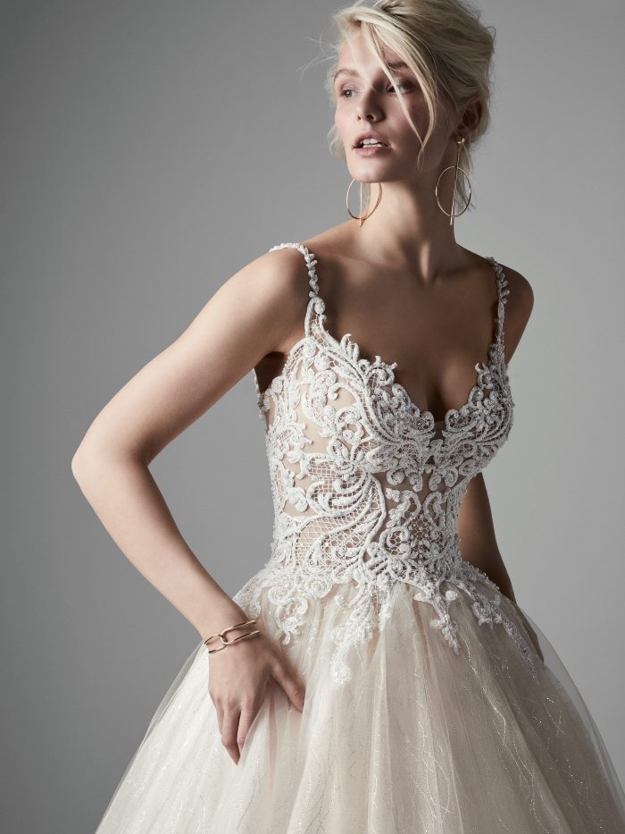 Model Wearing Blush Ball Gown Wedding Dress Called Tate by Sottero and Midgley