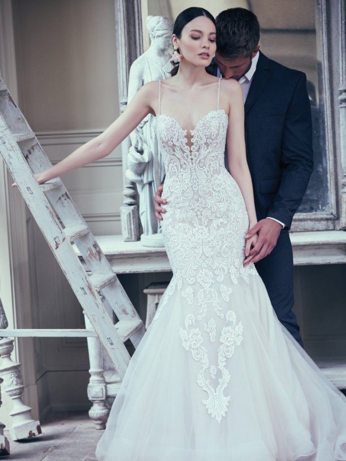 blush wedding dress with lace overlay