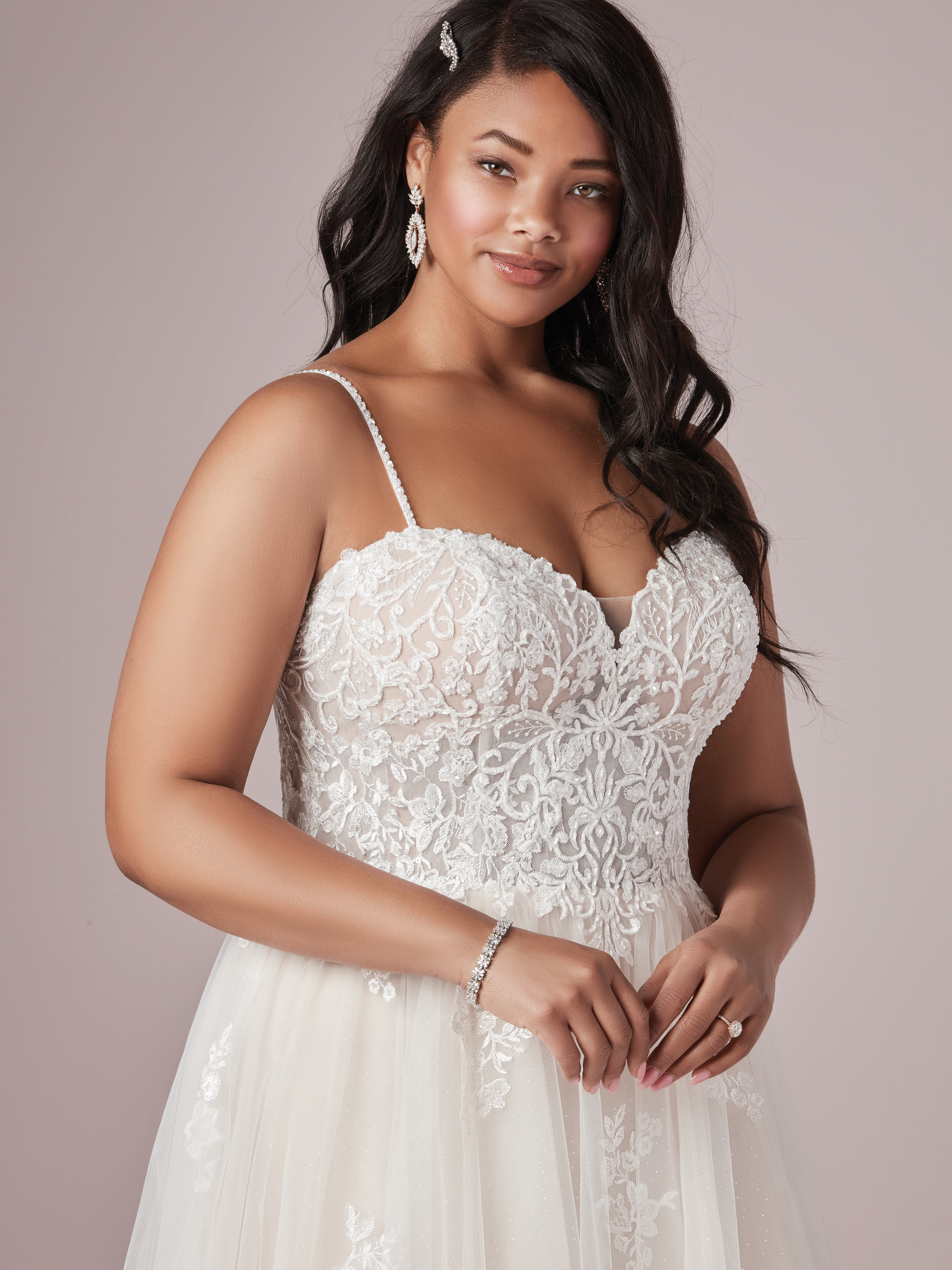 Model Wearing Plus Size Lightweight A-line Wedding Dress Called Marisol by Rebecca Ingram