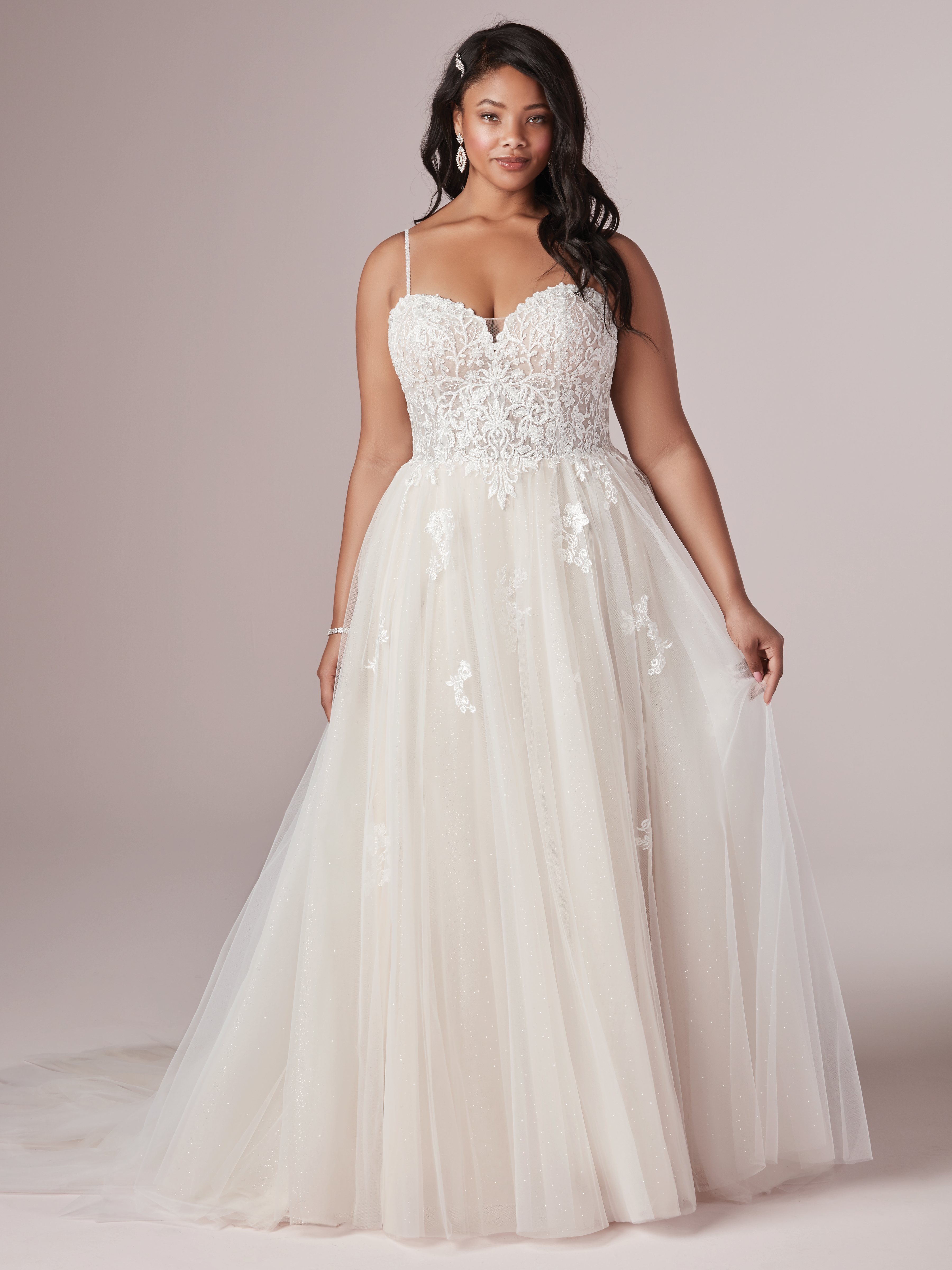 Model Wearing Plus Size Lightweight A-line Wedding Dress Called Marisol by Rebecca Ingram