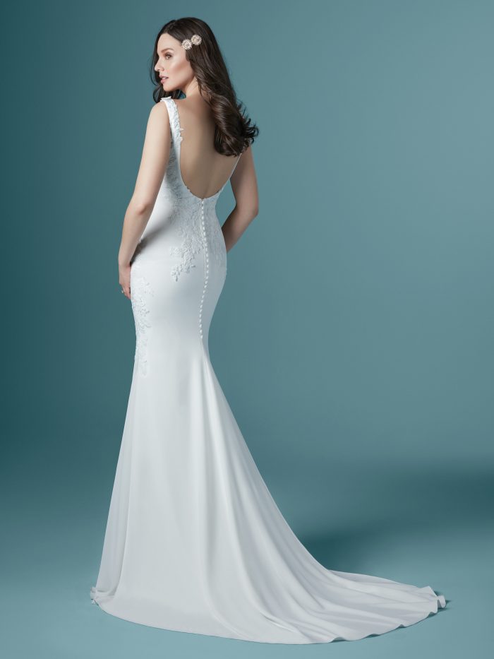 Model Wearing Slip Wedding Dress Called Bertina by Maggie Sottero
