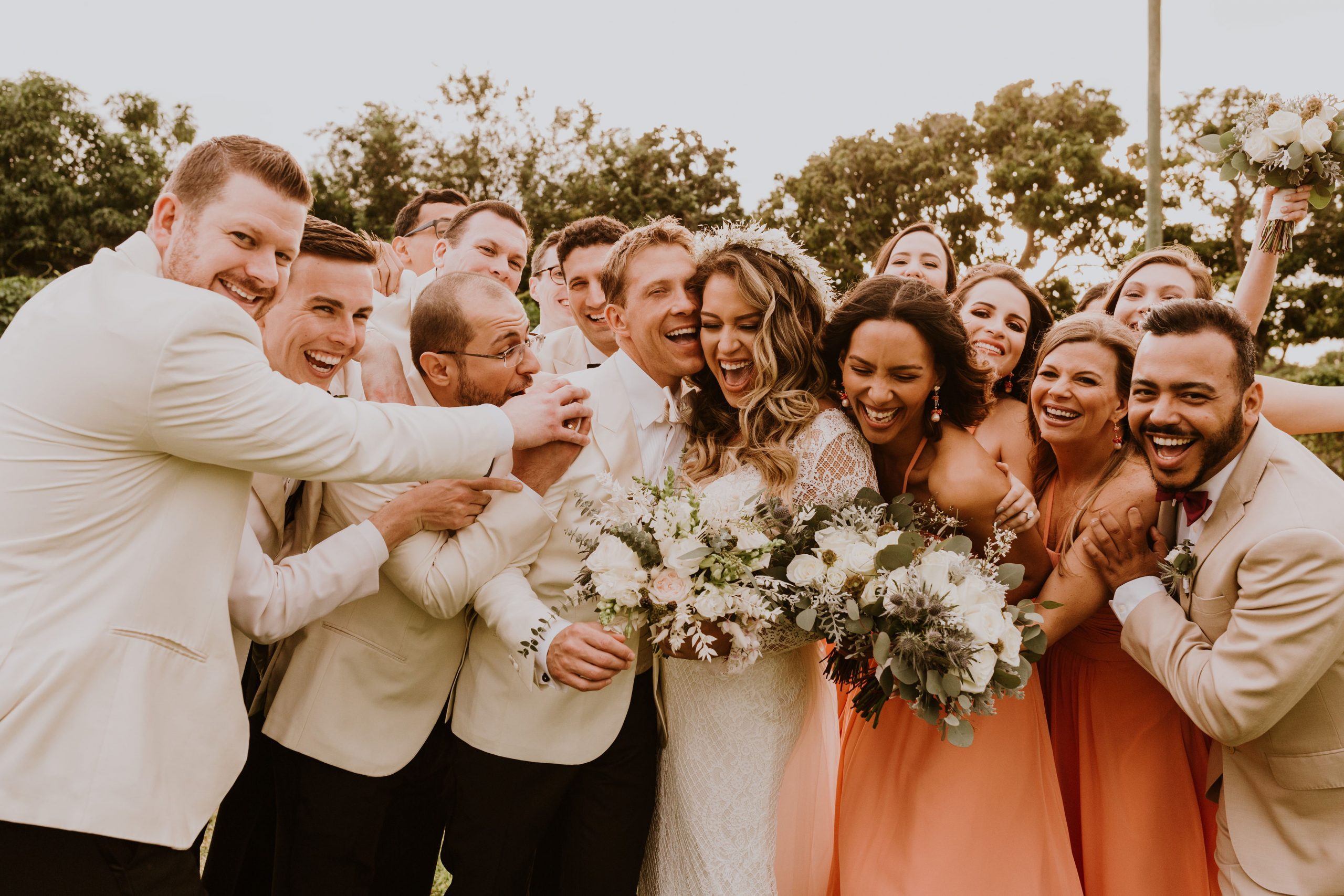 Groom with Real Bride Wearing Antonia Maggie Sottero Wedding Dress with wedding party