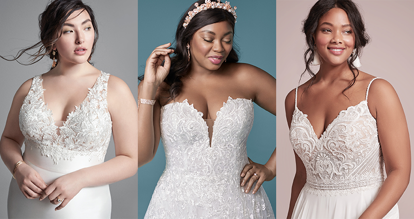 Collage of Curvy Models Wearing Flattering Wedding Dresses for a Plus Size Bride