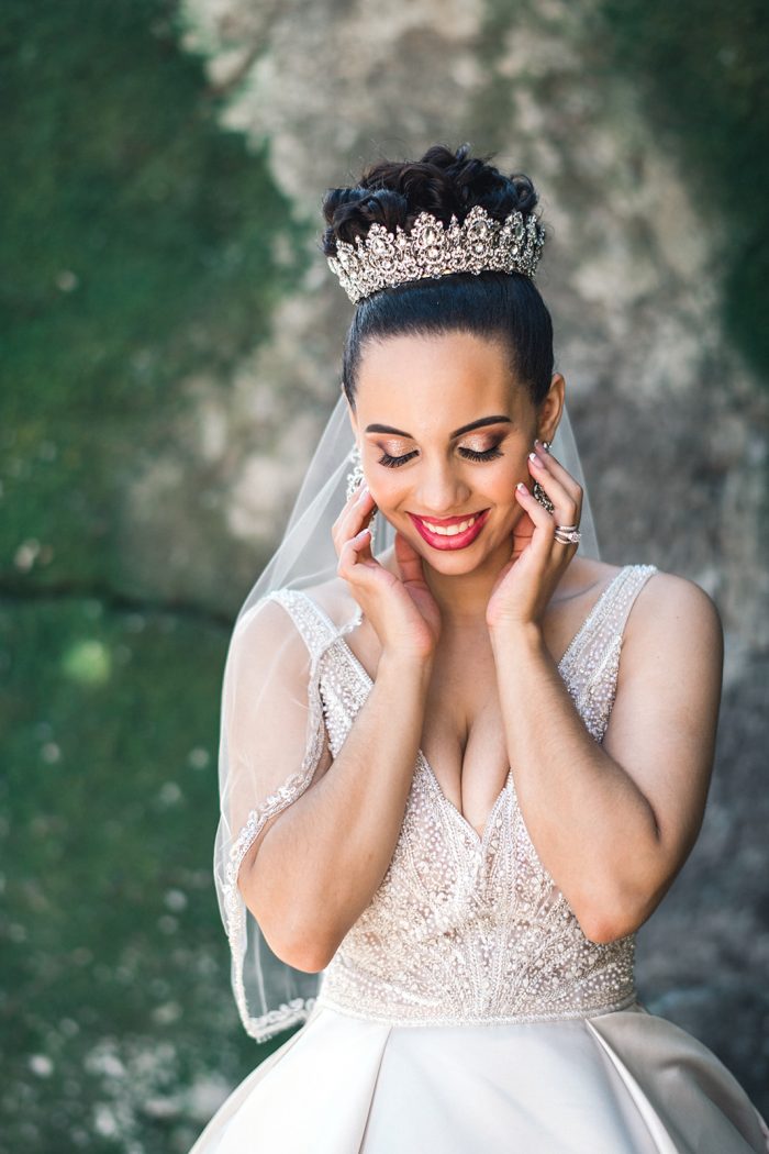 Real Bride Wearing Diamond Crown with Wedding Updo and Satin Ball Gown Wedding Dress Called Mylene by Maggie Sottero