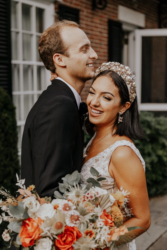 Groom with Real Bride Wearing Bridal Crown and Boho Sheath Wedding Dress Called Agata Louise by Sottero and Midgley