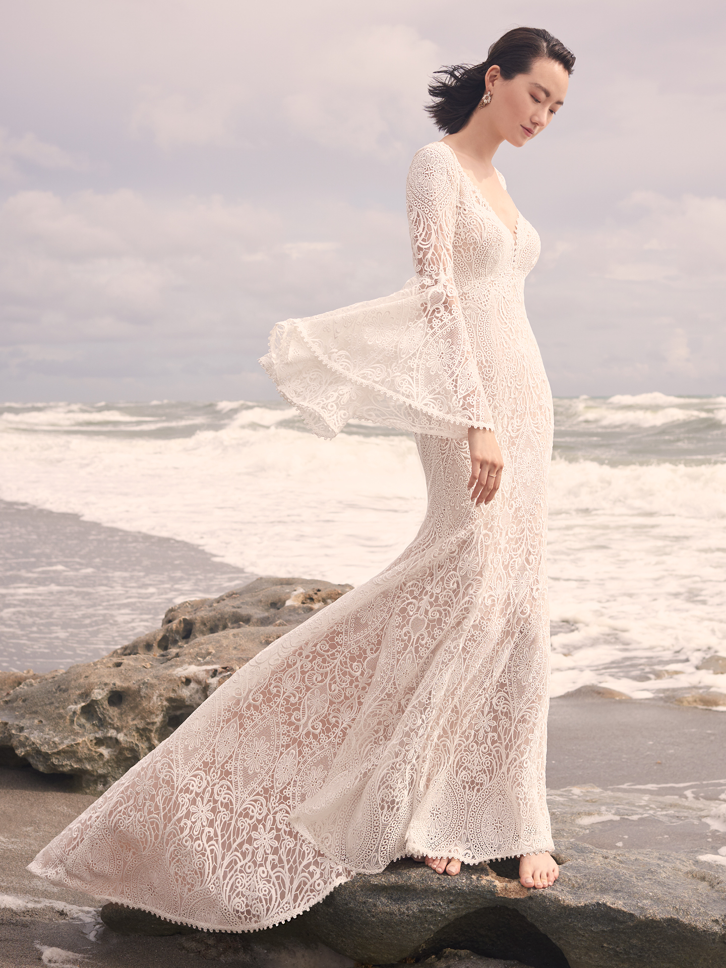 Model Wearing Vintage Lace Wedding Dress with Bell Sleeves Called Benson by Sottero and Midgley