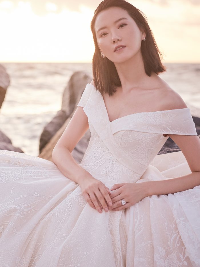 Model Wearing Off-the-Shoulder Classic Ball Gown Wedding Dress Called Thomas by Sottero and Midgley