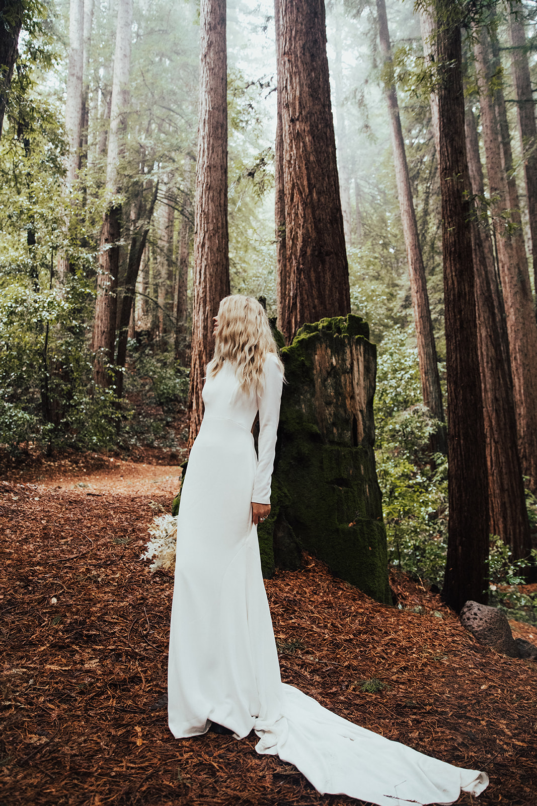 Real Bride in the Red Woods Wearing Illusion Back Crepe Sheath Wedding Dress Called Arleigh by Sottero and Midgley