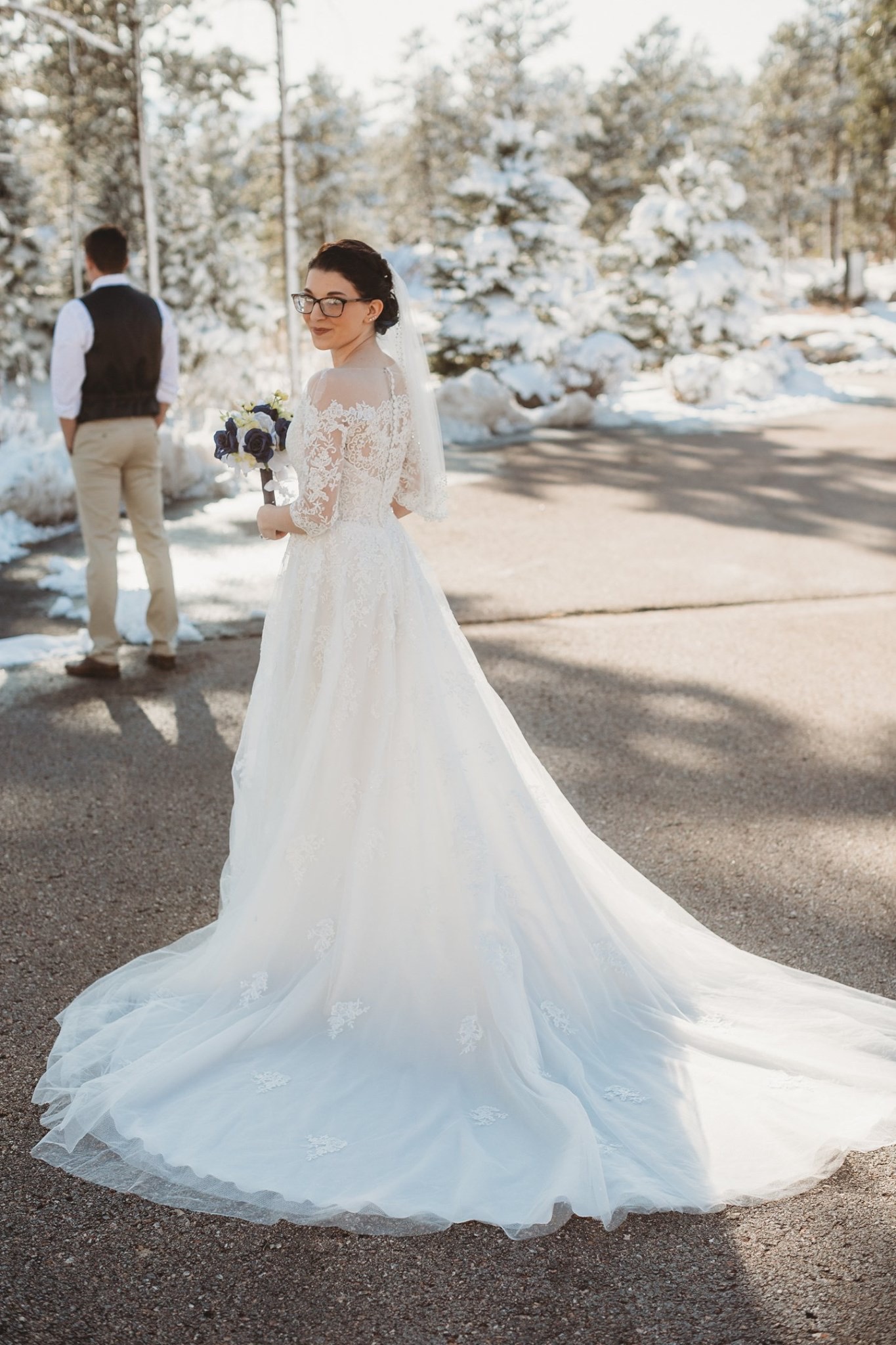 Real Bride Wearing Off-the-Shoulder Lace Wedding Dress Called Bree by Maggie Sottero