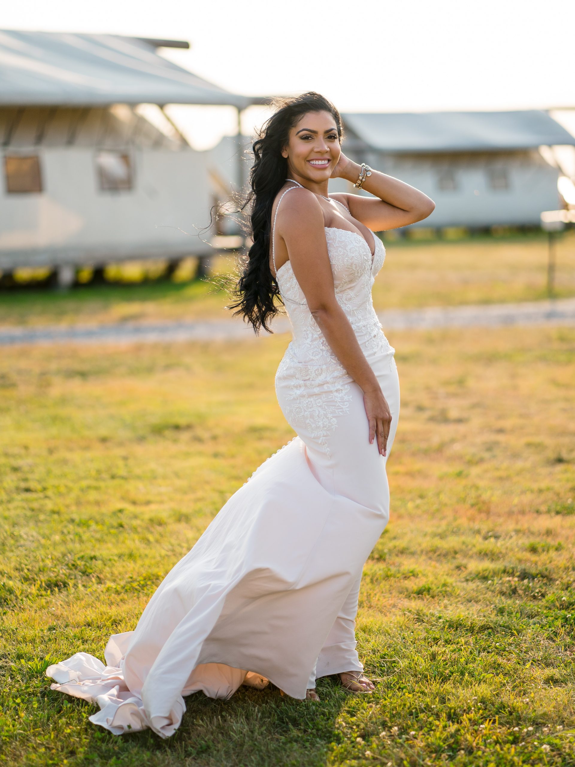Influencer at Influencer Event Wearing Simple Crepe Wedding Dress Called Aubrey by Rebecca Ingram