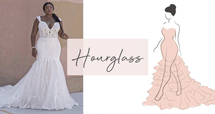 Diagram of Hourglass Body Type and Model Wearing Wedding Dress for an Hourglass Figure