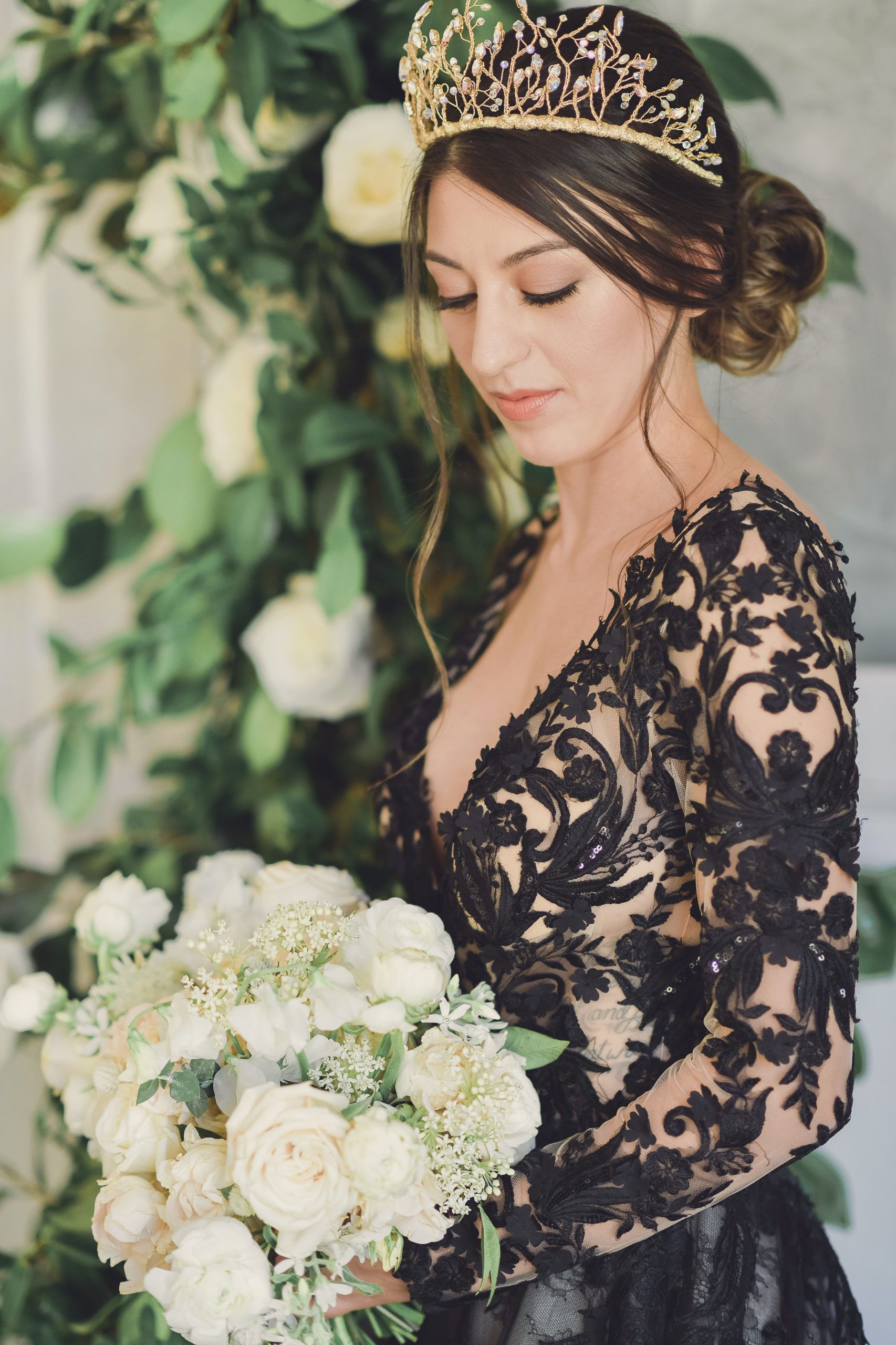 Model wearing Black Lace Wedding Gown called Zander by Sottero and Midgley for a Luxe Spring Wedding
