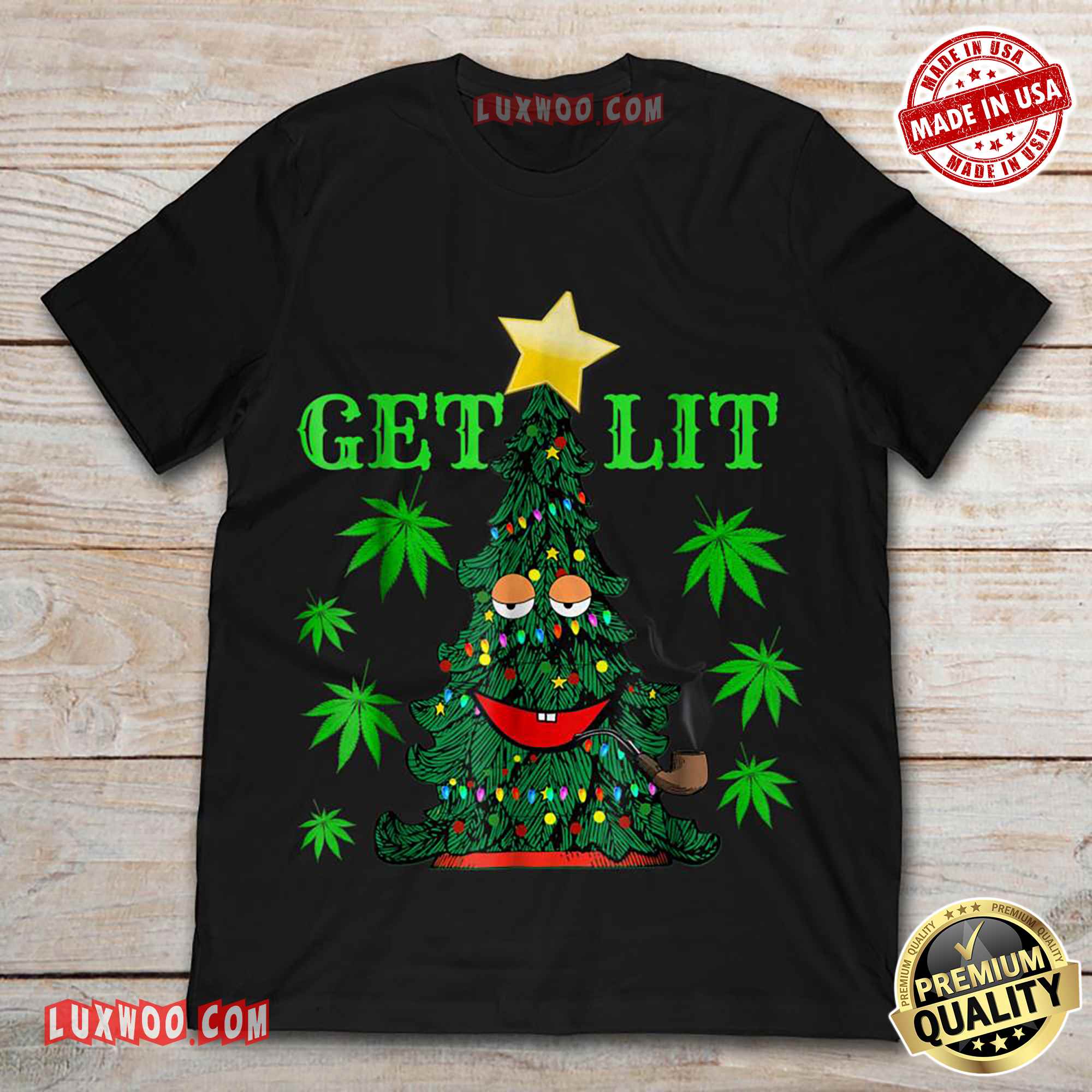 Christmas Tree Smoking Weed Get Lit Tee Shirt